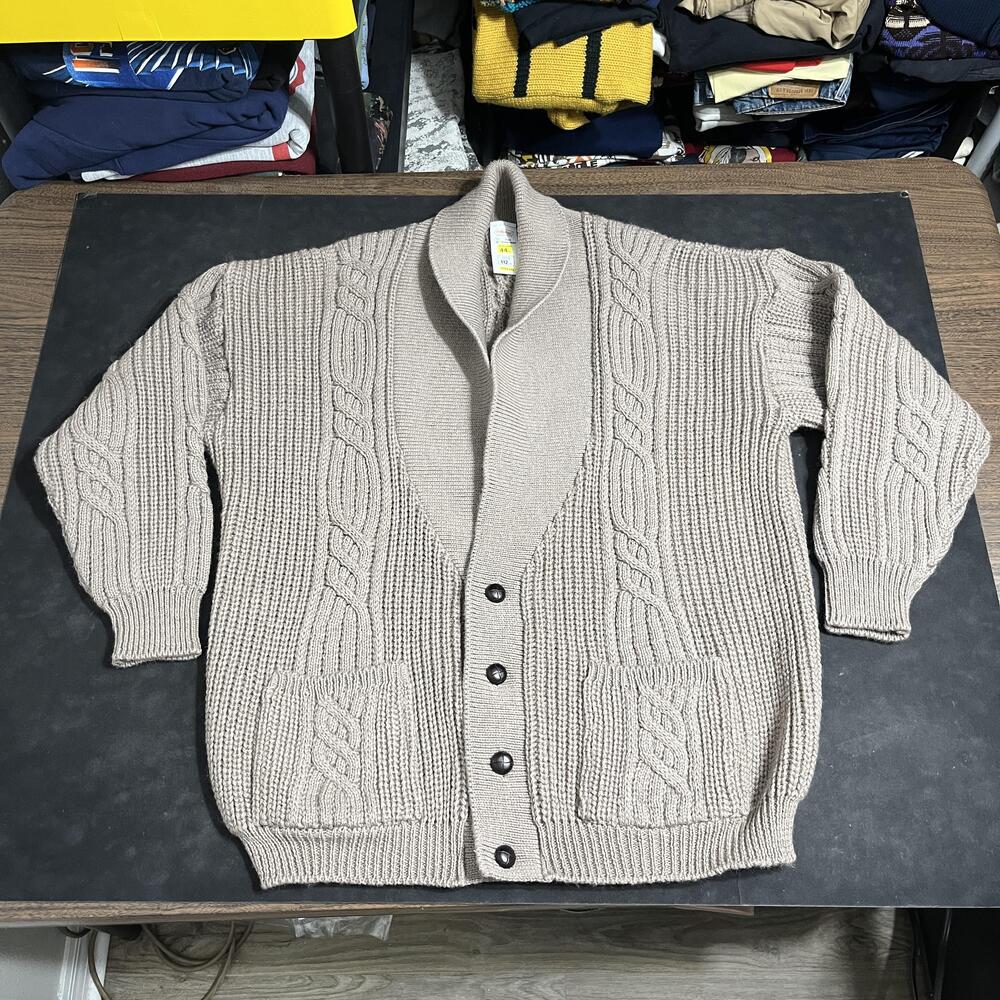 Vintage St Michael Sweater Cardigan Aran Fisherman Wool Shawl Collar Cable UK